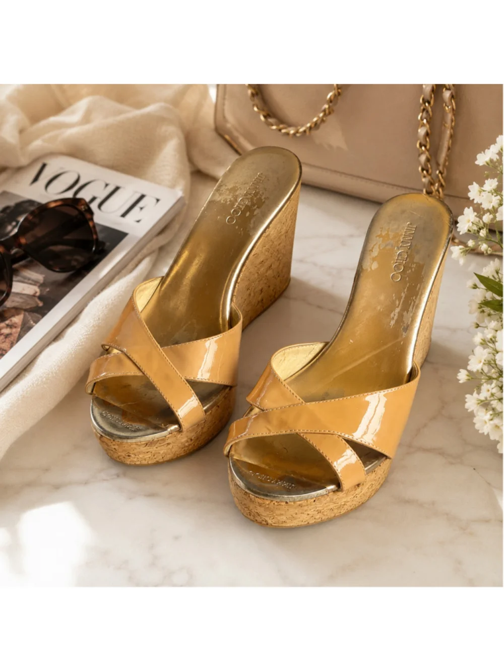 Jimmy Choo Nude Patent Leather Cork Wedge Slide Sandals Size 38 Spain US 8